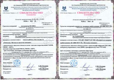 Свидетельства о поверке приборов (образец)