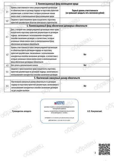 Выписка из реестра СРО, лист 2 (образец)